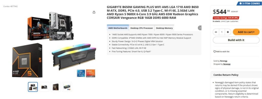 Combo AMD Ryzen 5 9600X giảm 50 USD tại Newegg, chỉ còn 544 USD kèm RAM và bo mạch chủ