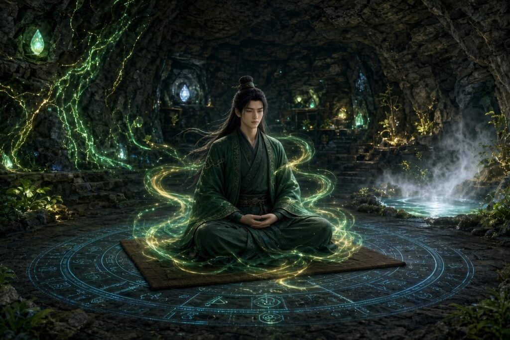 Hình ảnh Hàn Lập tu tiên bên trong động phủ tu luyện.